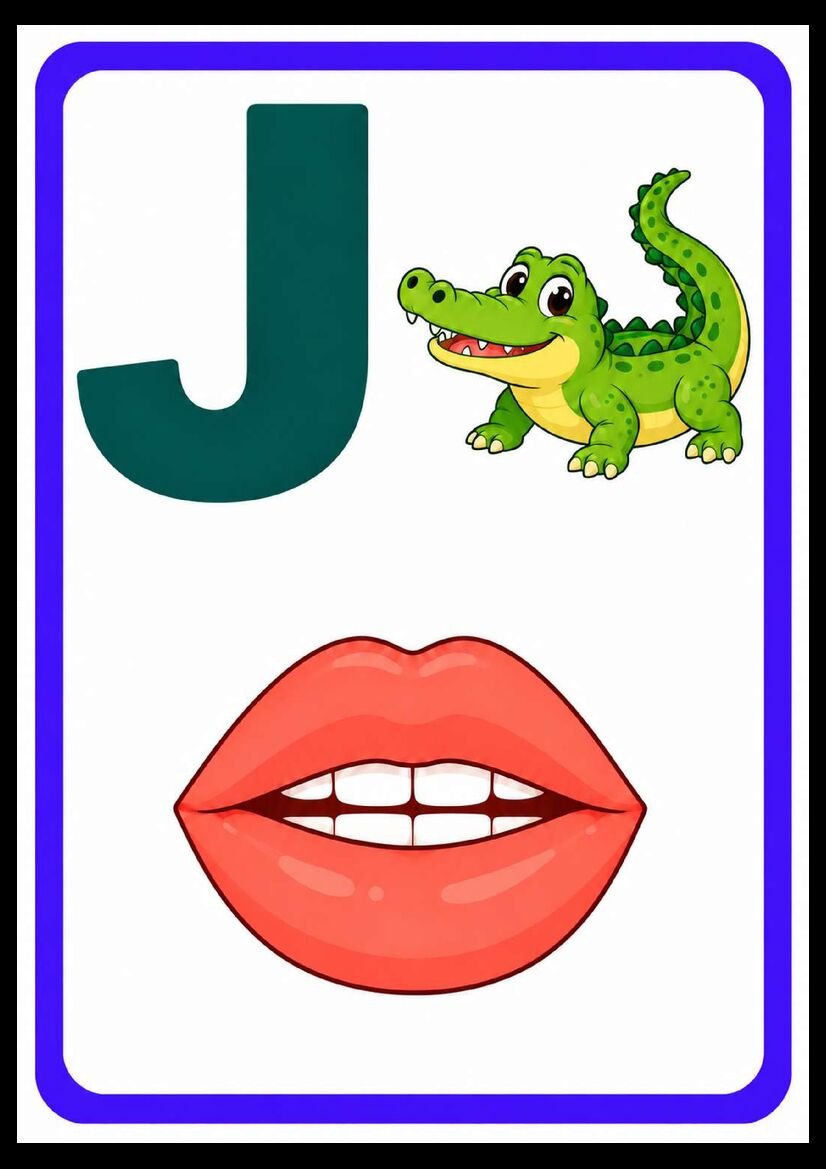 Alfabeto das boquinhas letra J com jacaré verde e boca ilustrada